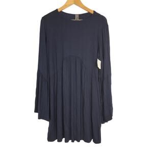 Go Couture Mini Swing Dress Navy Blue Pleated Bell Sleeves Boho NWT S